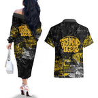 Richmond Tigers Couples Matching Off The Shoulder Long Sleeve Dress and Hawaiian Shirt Urban Graffiti Street Art - Bold Abstract Spray Paint