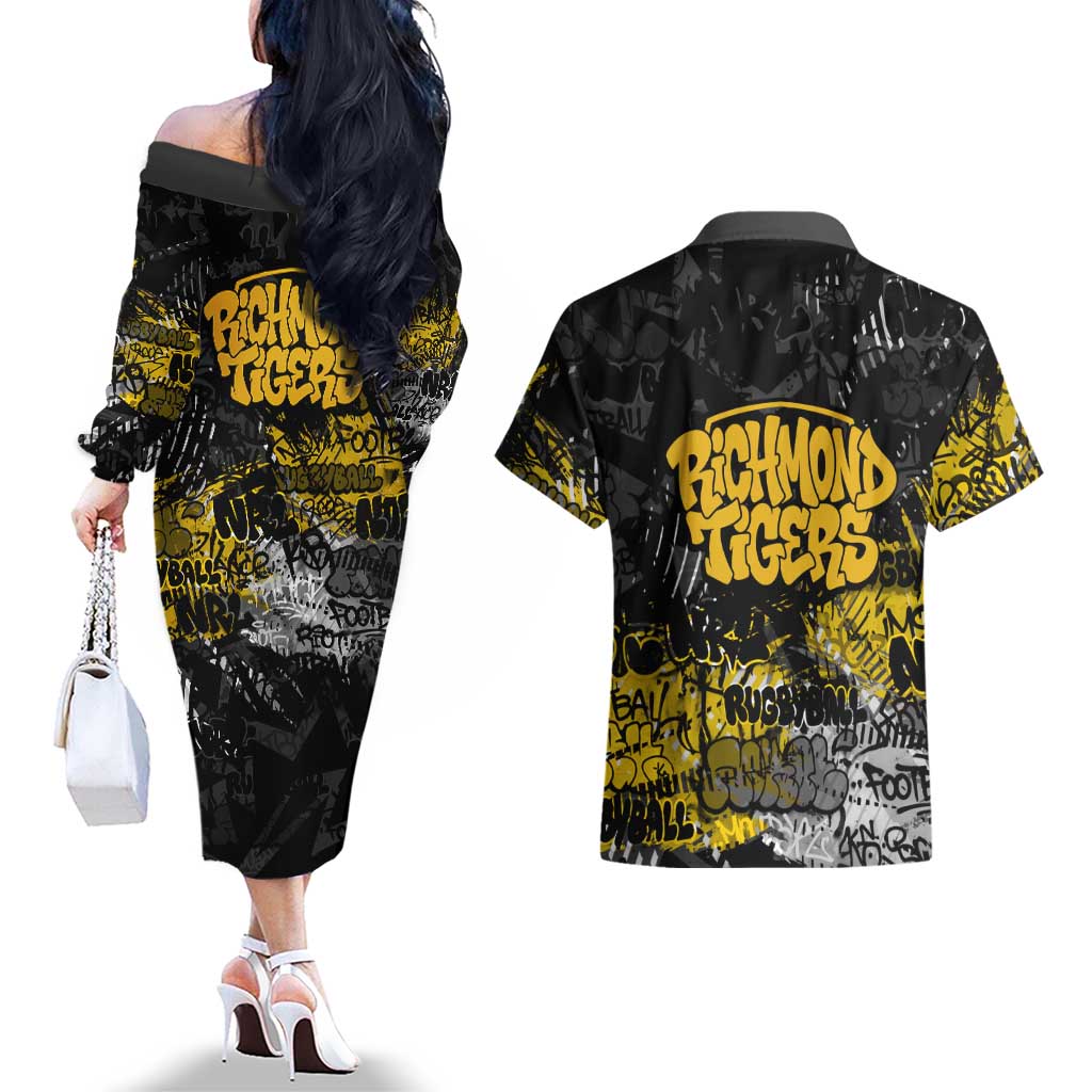 Richmond Tigers Couples Matching Off The Shoulder Long Sleeve Dress and Hawaiian Shirt Urban Graffiti Street Art - Bold Abstract Spray Paint