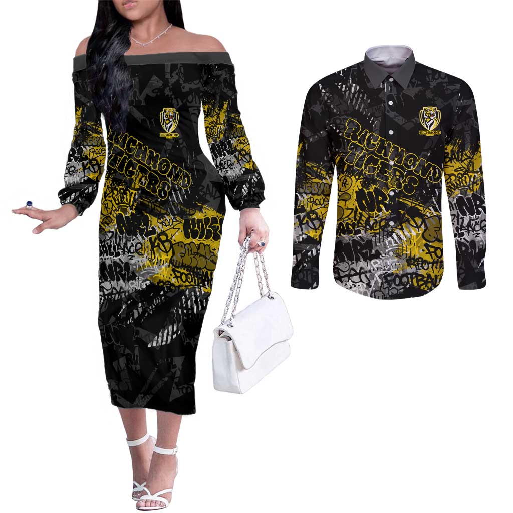 Richmond Tigers Couples Matching Off The Shoulder Long Sleeve Dress and Long Sleeve Button Shirt Urban Graffiti Street Art - Bold Abstract Spray Paint
