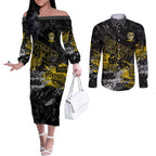 Richmond Tigers Couples Matching Off The Shoulder Long Sleeve Dress and Long Sleeve Button Shirt Urban Graffiti Street Art - Bold Abstract Spray Paint