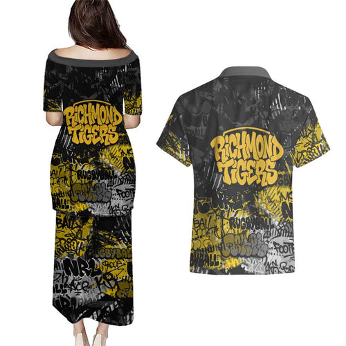 Richmond Tigers Couples Matching Puletasi and Hawaiian Shirt Urban Graffiti Street Art - Bold Abstract Spray Paint