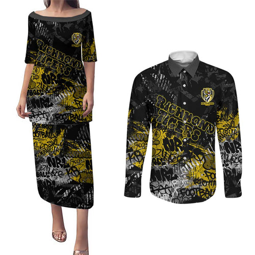 Richmond Tigers Couples Matching Puletasi and Long Sleeve Button Shirt Urban Graffiti Street Art - Bold Abstract Spray Paint
