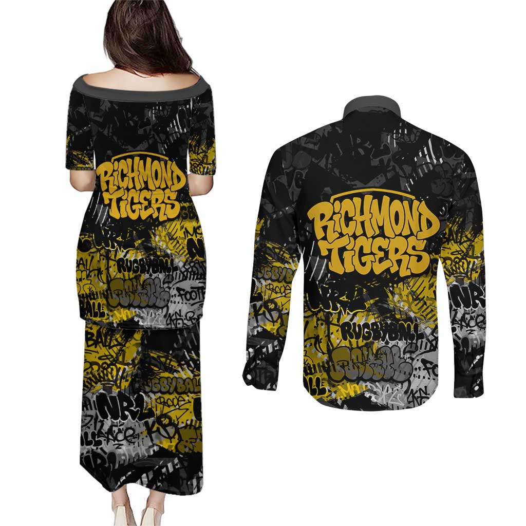 Richmond Tigers Couples Matching Puletasi and Long Sleeve Button Shirt Urban Graffiti Street Art - Bold Abstract Spray Paint