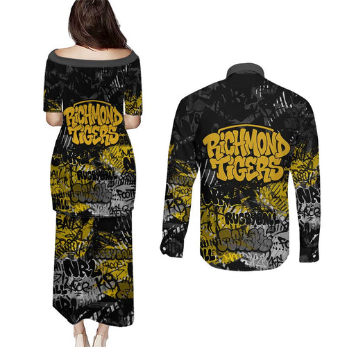 Richmond Tigers Couples Matching Puletasi and Long Sleeve Button Shirt Urban Graffiti Street Art - Bold Abstract Spray Paint