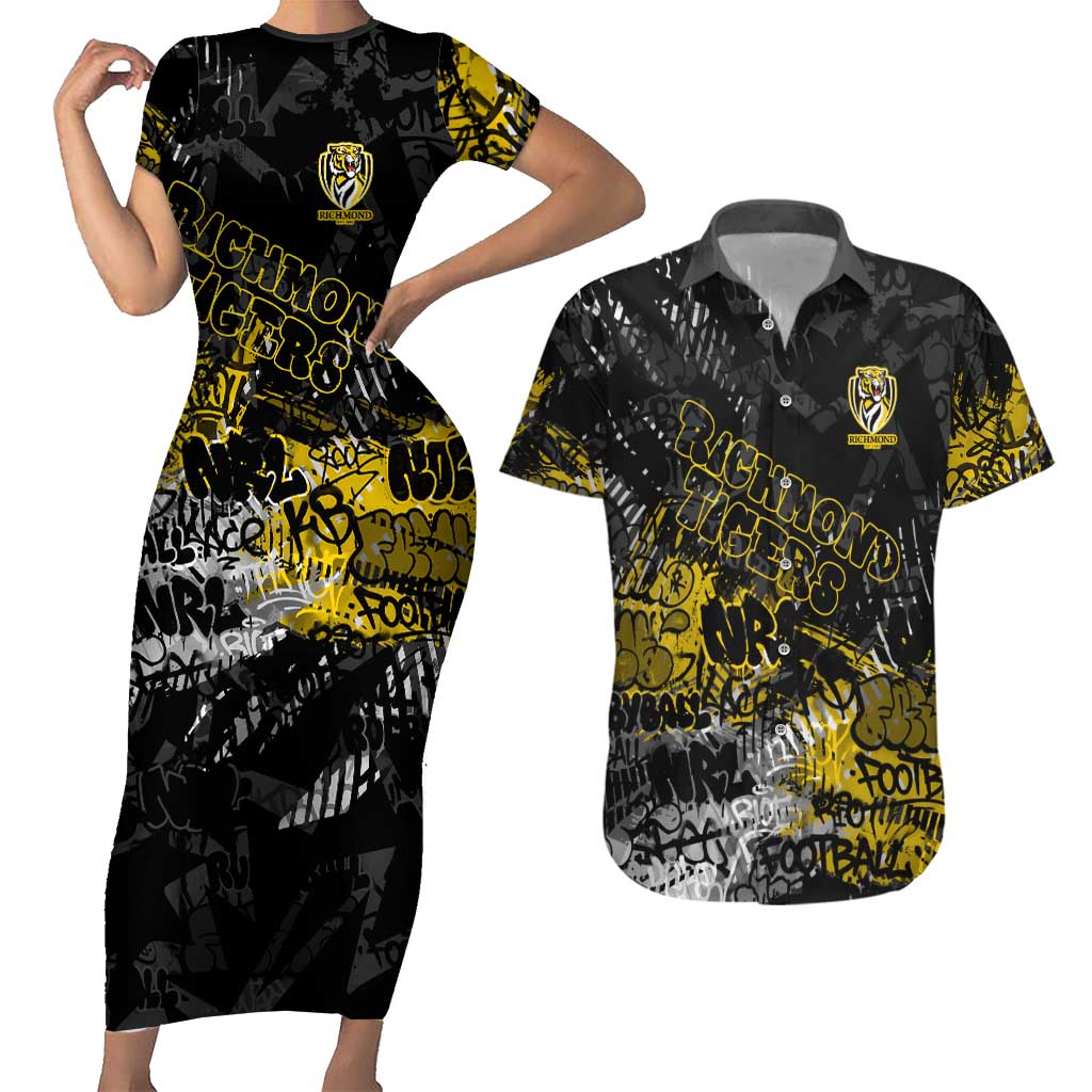 Richmond Tigers Couples Matching Short Sleeve Bodycon Dress and Hawaiian Shirt Urban Graffiti Street Art - Bold Abstract Spray Paint