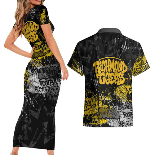 Richmond Tigers Couples Matching Short Sleeve Bodycon Dress and Hawaiian Shirt Urban Graffiti Street Art - Bold Abstract Spray Paint