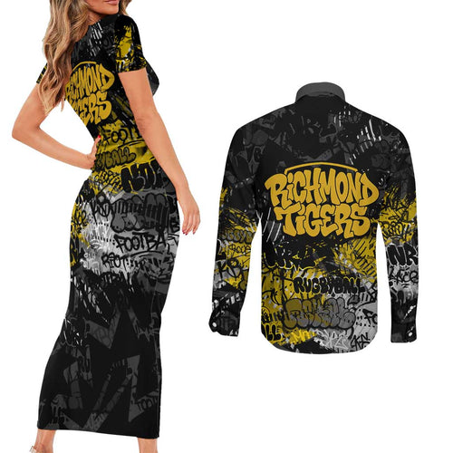 Richmond Tigers Couples Matching Short Sleeve Bodycon Dress and Long Sleeve Button Shirt Urban Graffiti Street Art - Bold Abstract Spray Paint