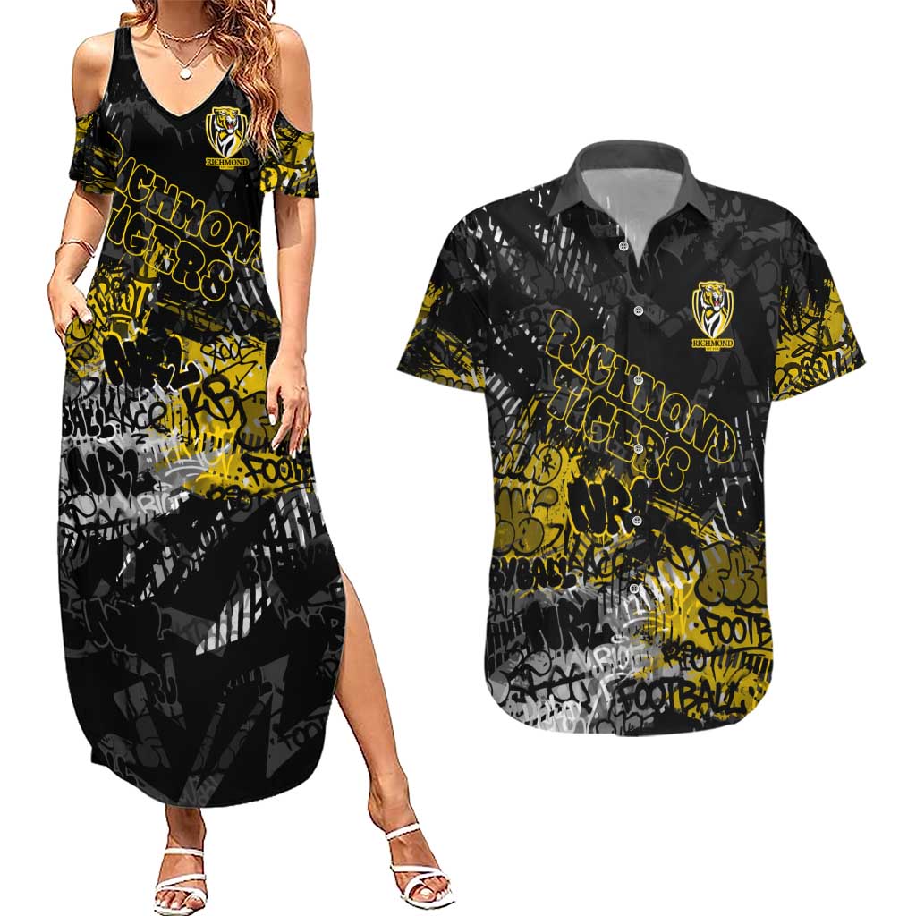 Richmond Tigers Couples Matching Summer Maxi Dress and Hawaiian Shirt Urban Graffiti Street Art - Bold Abstract Spray Paint