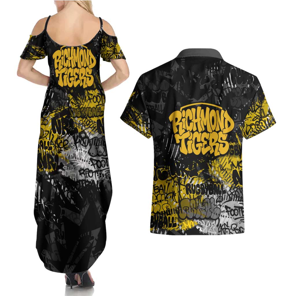 Richmond Tigers Couples Matching Summer Maxi Dress and Hawaiian Shirt Urban Graffiti Street Art - Bold Abstract Spray Paint