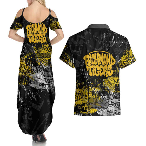 Richmond Tigers Couples Matching Summer Maxi Dress and Hawaiian Shirt Urban Graffiti Street Art - Bold Abstract Spray Paint