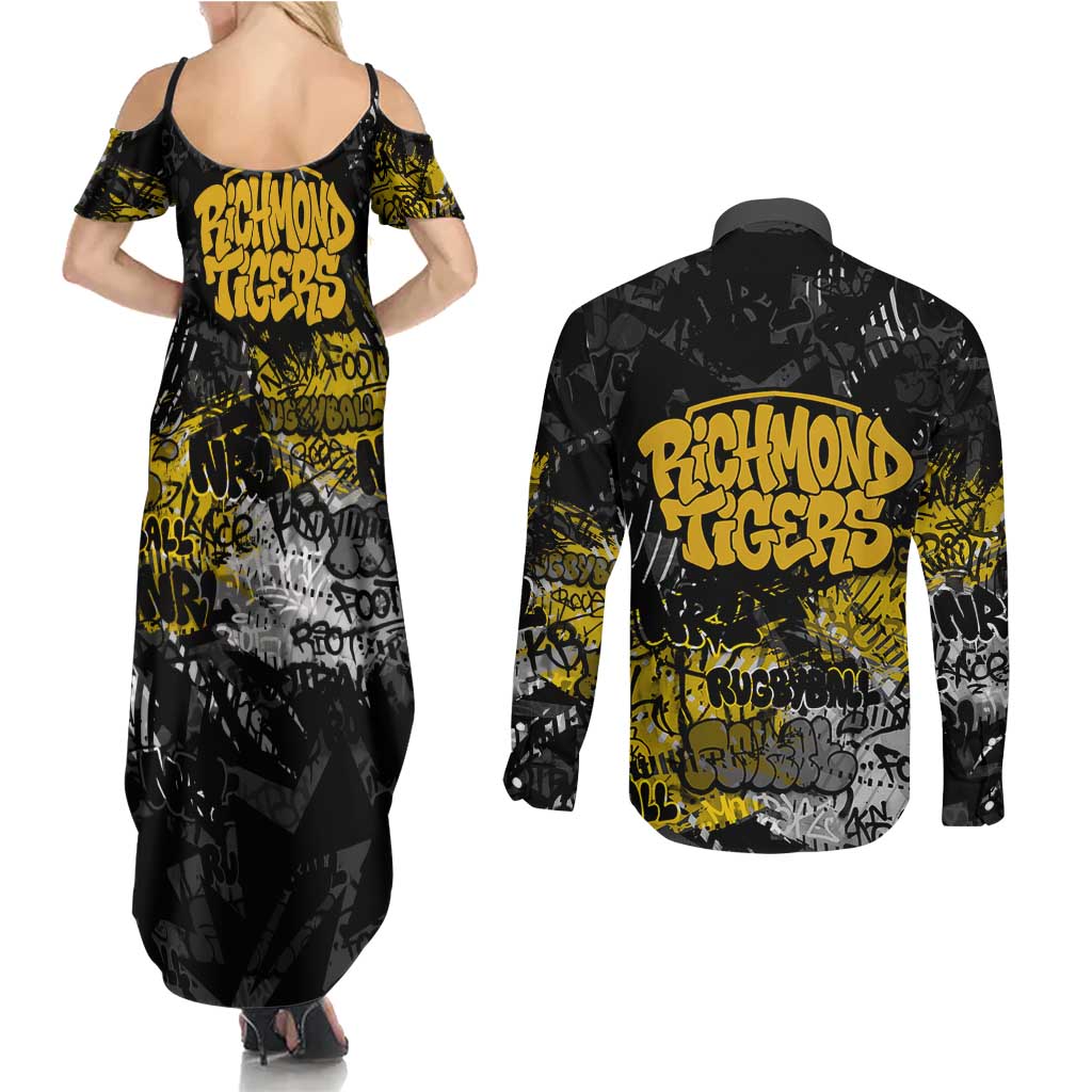 Richmond Tigers Couples Matching Summer Maxi Dress and Long Sleeve Button Shirt Urban Graffiti Street Art - Bold Abstract Spray Paint