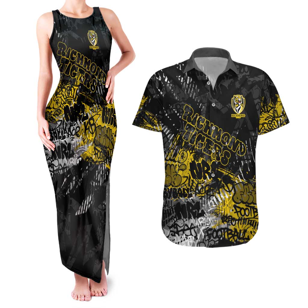 Richmond Tigers Couples Matching Tank Maxi Dress and Hawaiian Shirt Urban Graffiti Street Art - Bold Abstract Spray Paint