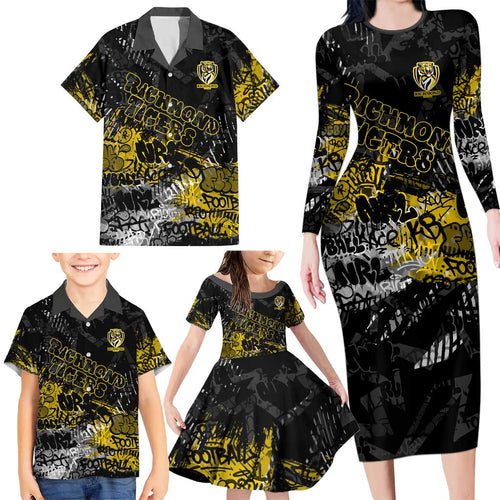 Richmond Tigers Family Matching Long Sleeve Bodycon Dress and Hawaiian Shirt Urban Graffiti Street Art - Bold Abstract Spray Paint