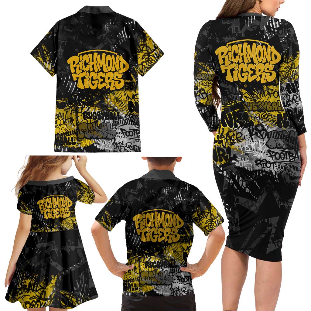Richmond Tigers Family Matching Long Sleeve Bodycon Dress and Hawaiian Shirt Urban Graffiti Street Art - Bold Abstract Spray Paint