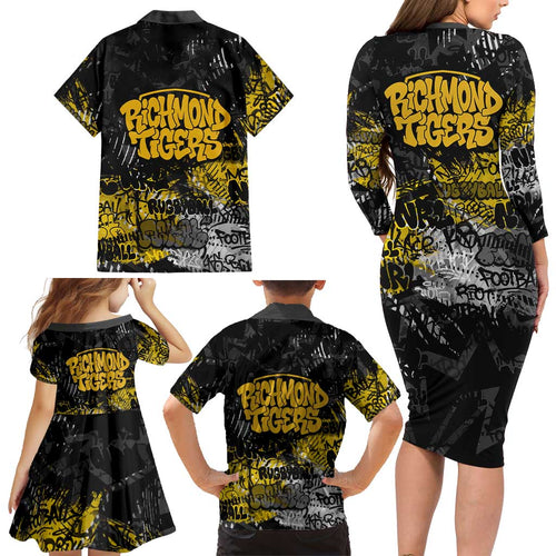 Richmond Tigers Family Matching Long Sleeve Bodycon Dress and Hawaiian Shirt Urban Graffiti Street Art - Bold Abstract Spray Paint