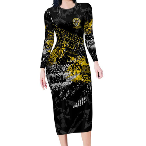 Richmond Tigers Family Matching Long Sleeve Bodycon Dress and Hawaiian Shirt Urban Graffiti Street Art - Bold Abstract Spray Paint