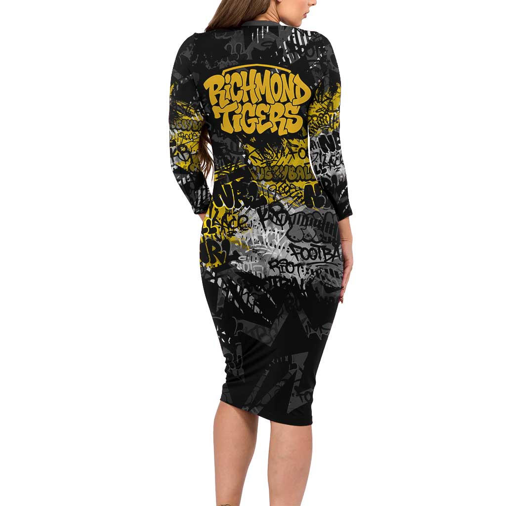 Richmond Tigers Family Matching Long Sleeve Bodycon Dress and Hawaiian Shirt Urban Graffiti Street Art - Bold Abstract Spray Paint