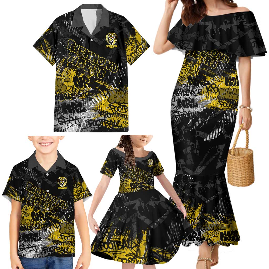 Richmond Tigers Family Matching Mermaid Dress and Hawaiian Shirt Urban Graffiti Street Art - Bold Abstract Spray Paint