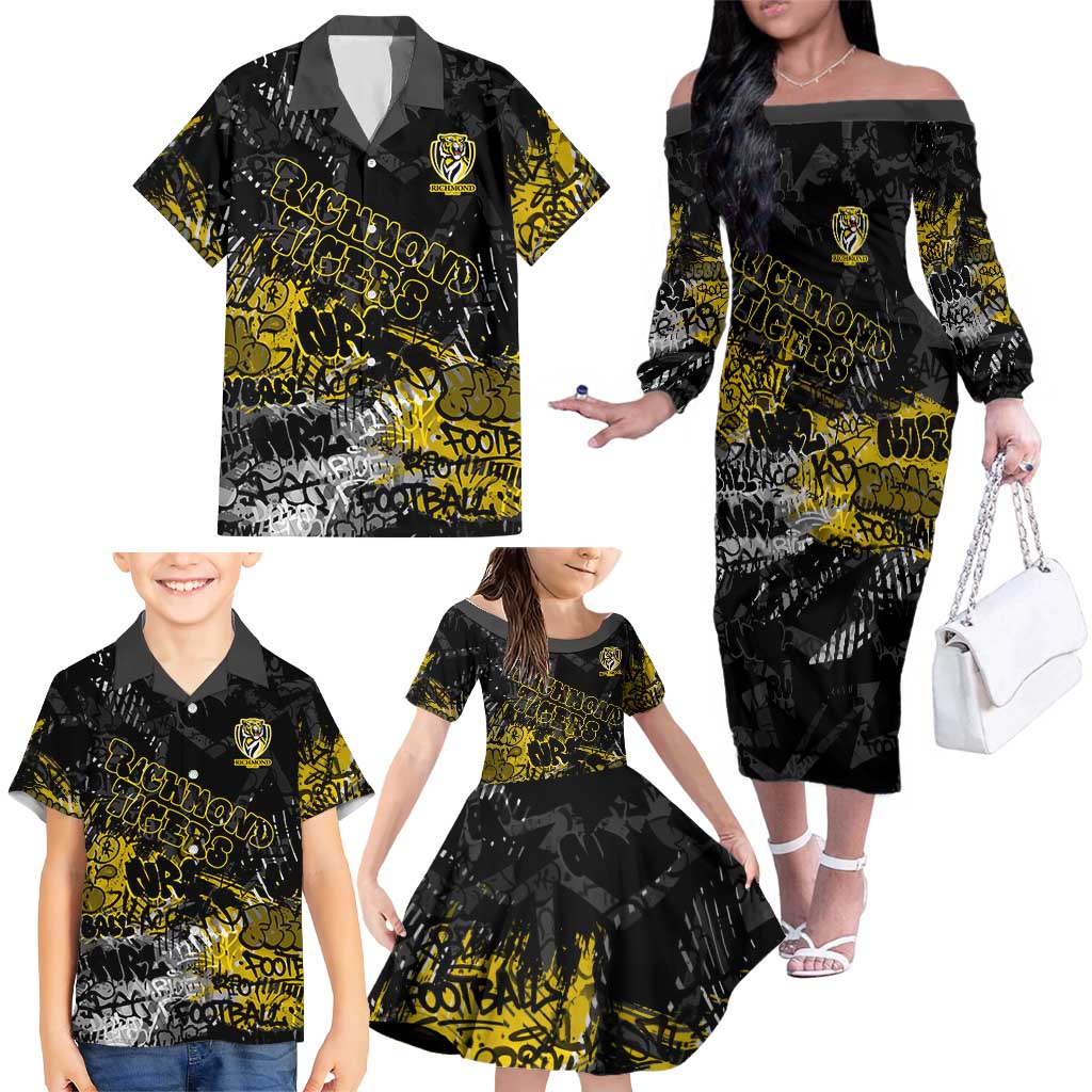 Richmond Tigers Family Matching Off The Shoulder Long Sleeve Dress and Hawaiian Shirt Urban Graffiti Street Art - Bold Abstract Spray Paint