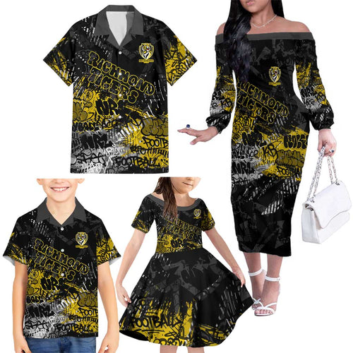 Richmond Tigers Family Matching Off The Shoulder Long Sleeve Dress and Hawaiian Shirt Urban Graffiti Street Art - Bold Abstract Spray Paint