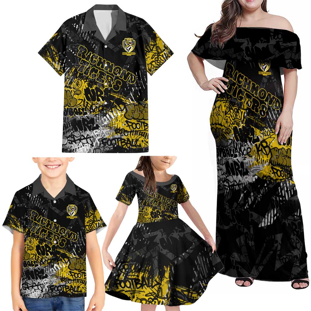 Richmond Tigers Family Matching Off Shoulder Maxi Dress and Hawaiian Shirt Urban Graffiti Street Art - Bold Abstract Spray Paint