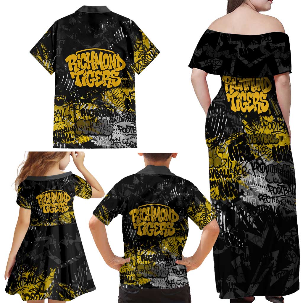Richmond Tigers Family Matching Off Shoulder Maxi Dress and Hawaiian Shirt Urban Graffiti Street Art - Bold Abstract Spray Paint