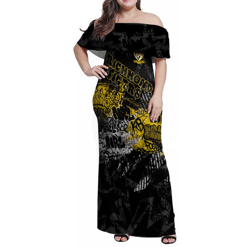 Richmond Tigers Family Matching Off Shoulder Maxi Dress and Hawaiian Shirt Urban Graffiti Street Art - Bold Abstract Spray Paint