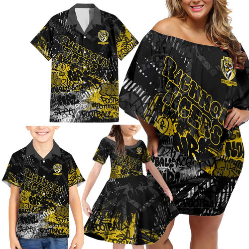 Richmond Tigers Family Matching Off Shoulder Short Dress and Hawaiian Shirt Urban Graffiti Street Art - Bold Abstract Spray Paint