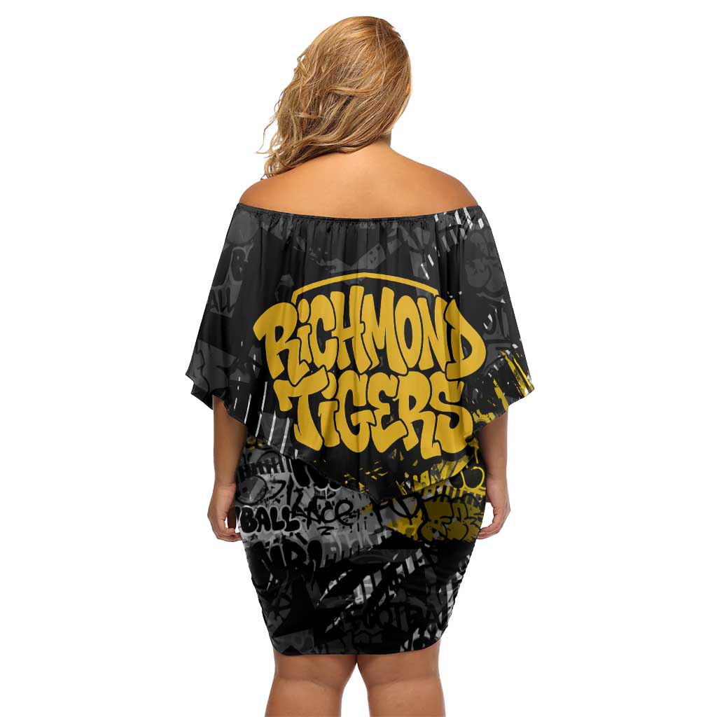 Richmond Tigers Family Matching Off Shoulder Short Dress and Hawaiian Shirt Urban Graffiti Street Art - Bold Abstract Spray Paint