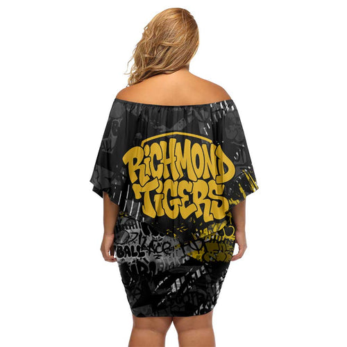 Richmond Tigers Family Matching Off Shoulder Short Dress and Hawaiian Shirt Urban Graffiti Street Art - Bold Abstract Spray Paint