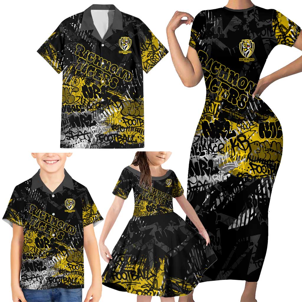 Richmond Tigers Family Matching Short Sleeve Bodycon Dress and Hawaiian Shirt Urban Graffiti Street Art - Bold Abstract Spray Paint
