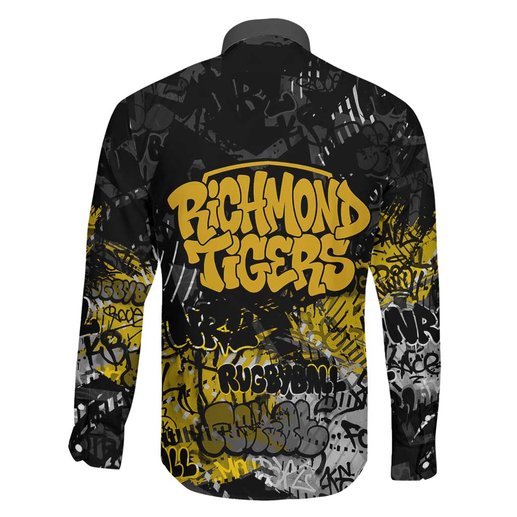 Richmond Tigers Family Matching Short Sleeve Bodycon Dress and Hawaiian Shirt Urban Graffiti Street Art - Bold Abstract Spray Paint