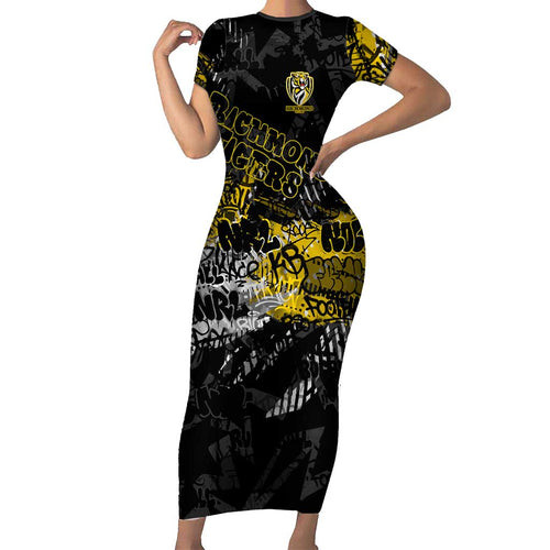 Richmond Tigers Family Matching Short Sleeve Bodycon Dress and Hawaiian Shirt Urban Graffiti Street Art - Bold Abstract Spray Paint