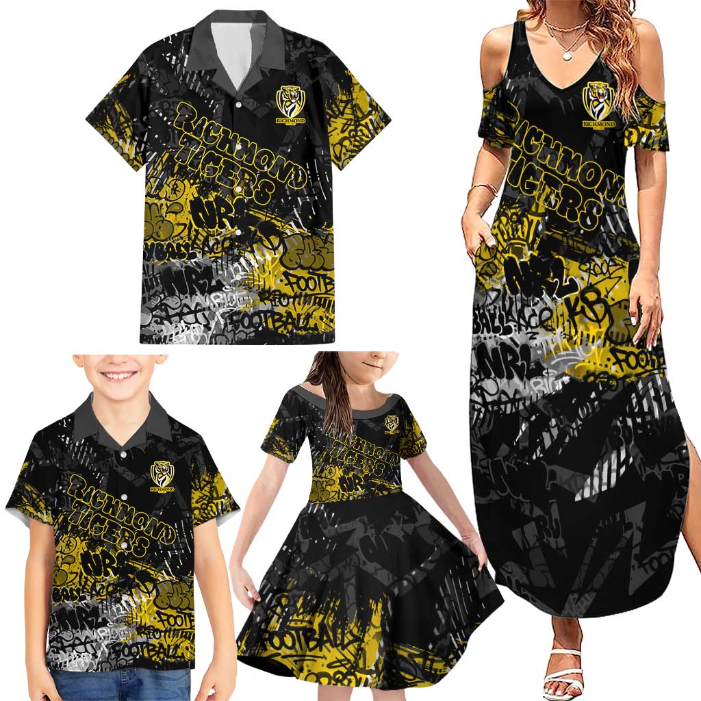 Richmond Tigers Family Matching Summer Maxi Dress and Hawaiian Shirt Urban Graffiti Street Art - Bold Abstract Spray Paint