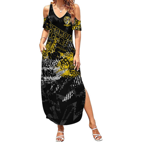 Richmond Tigers Family Matching Summer Maxi Dress and Hawaiian Shirt Urban Graffiti Street Art - Bold Abstract Spray Paint