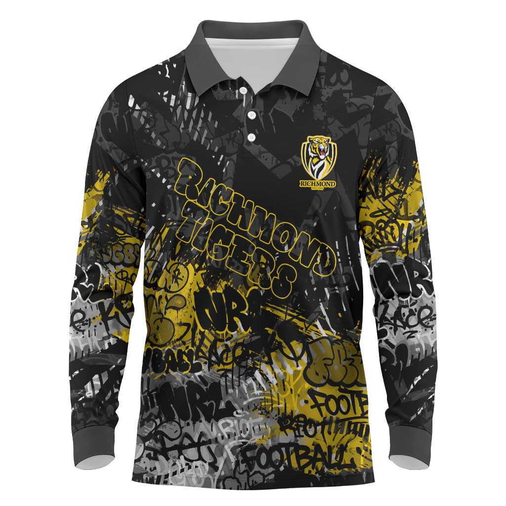 Richmond Tigers Long Sleeve Polo Shirt Urban Graffiti Street Art - Bold Abstract Spray Paint