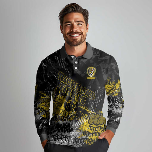 Richmond Tigers Long Sleeve Polo Shirt Urban Graffiti Street Art - Bold Abstract Spray Paint