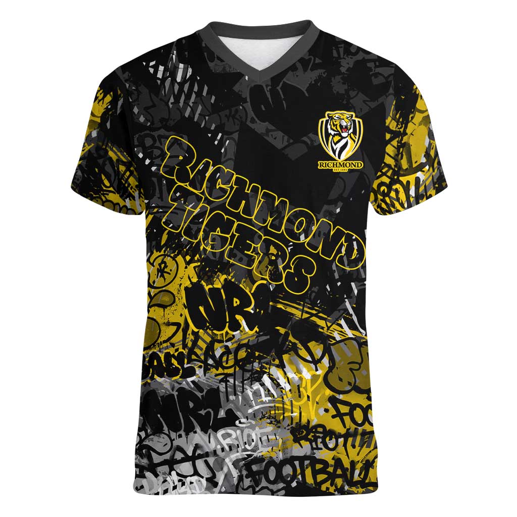 Richmond Tigers Women V-Neck T-Shirt Urban Graffiti Street Art - Bold Abstract Spray Paint