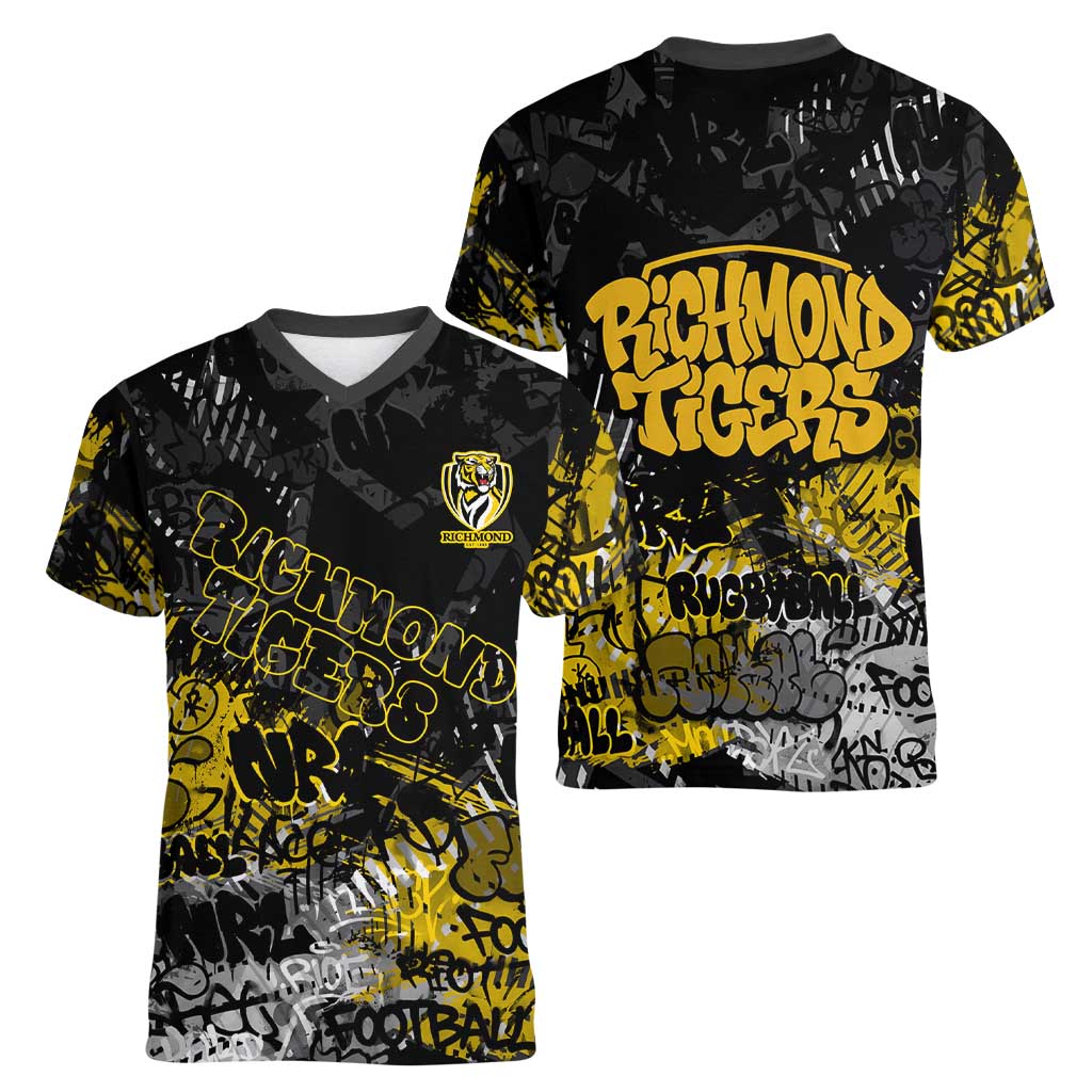 Richmond Tigers Women V-Neck T-Shirt Urban Graffiti Street Art - Bold Abstract Spray Paint