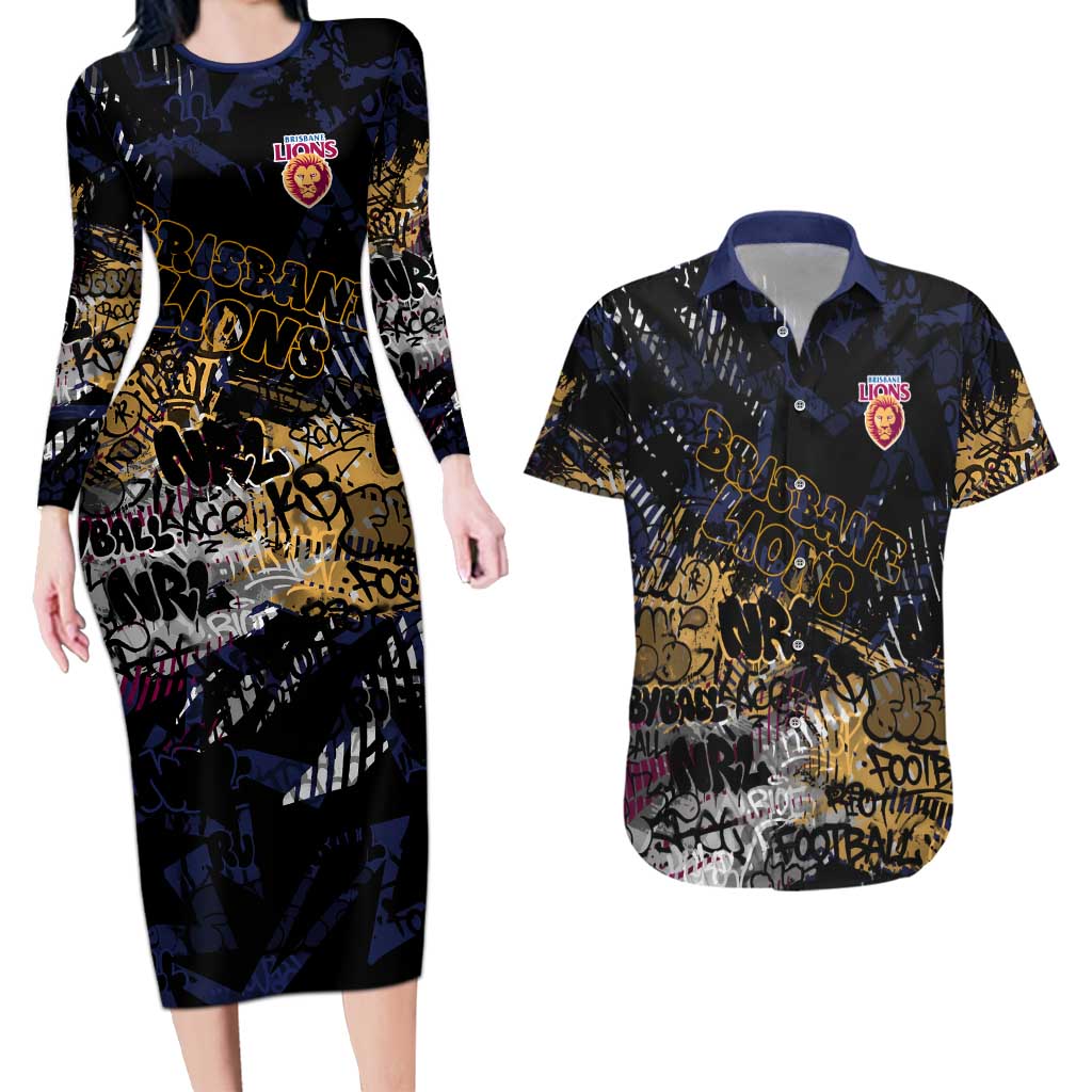 Brisbane Lions Couples Matching Long Sleeve Bodycon Dress and Hawaiian Shirt Urban Graffiti Street Art - Bold Abstract Spray Paint
