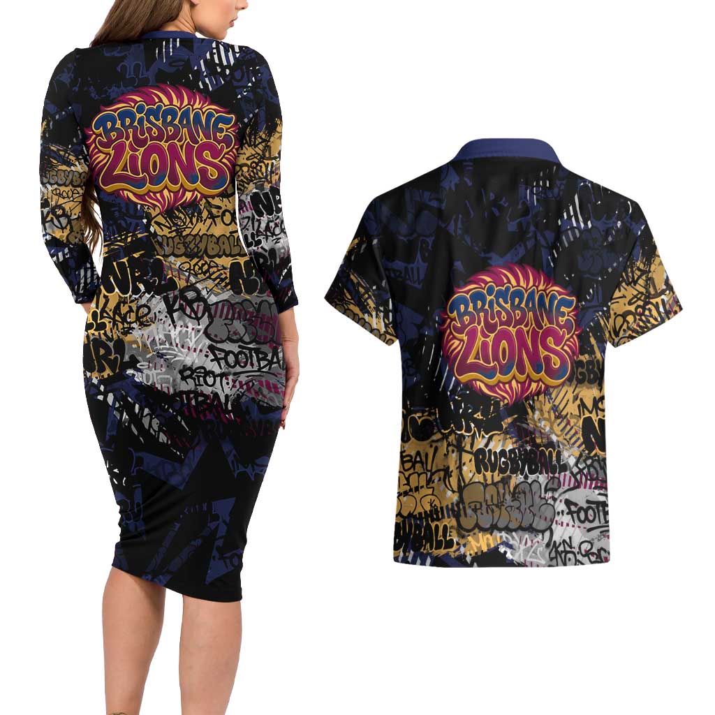 Brisbane Lions Couples Matching Long Sleeve Bodycon Dress and Hawaiian Shirt Urban Graffiti Street Art - Bold Abstract Spray Paint