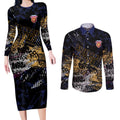 Brisbane Lions Couples Matching Long Sleeve Bodycon Dress and Long Sleeve Button Shirt Urban Graffiti Street Art - Bold Abstract Spray Paint