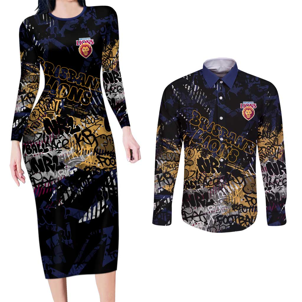 Brisbane Lions Couples Matching Long Sleeve Bodycon Dress and Long Sleeve Button Shirt Urban Graffiti Street Art - Bold Abstract Spray Paint