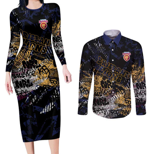 Brisbane Lions Couples Matching Long Sleeve Bodycon Dress and Long Sleeve Button Shirt Urban Graffiti Street Art - Bold Abstract Spray Paint