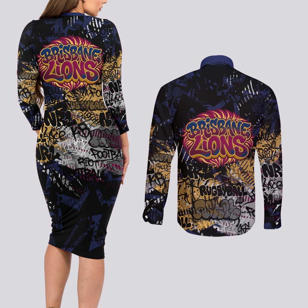 Brisbane Lions Couples Matching Long Sleeve Bodycon Dress and Long Sleeve Button Shirt Urban Graffiti Street Art - Bold Abstract Spray Paint