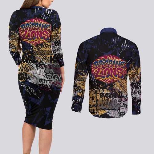 Brisbane Lions Couples Matching Long Sleeve Bodycon Dress and Long Sleeve Button Shirt Urban Graffiti Street Art - Bold Abstract Spray Paint