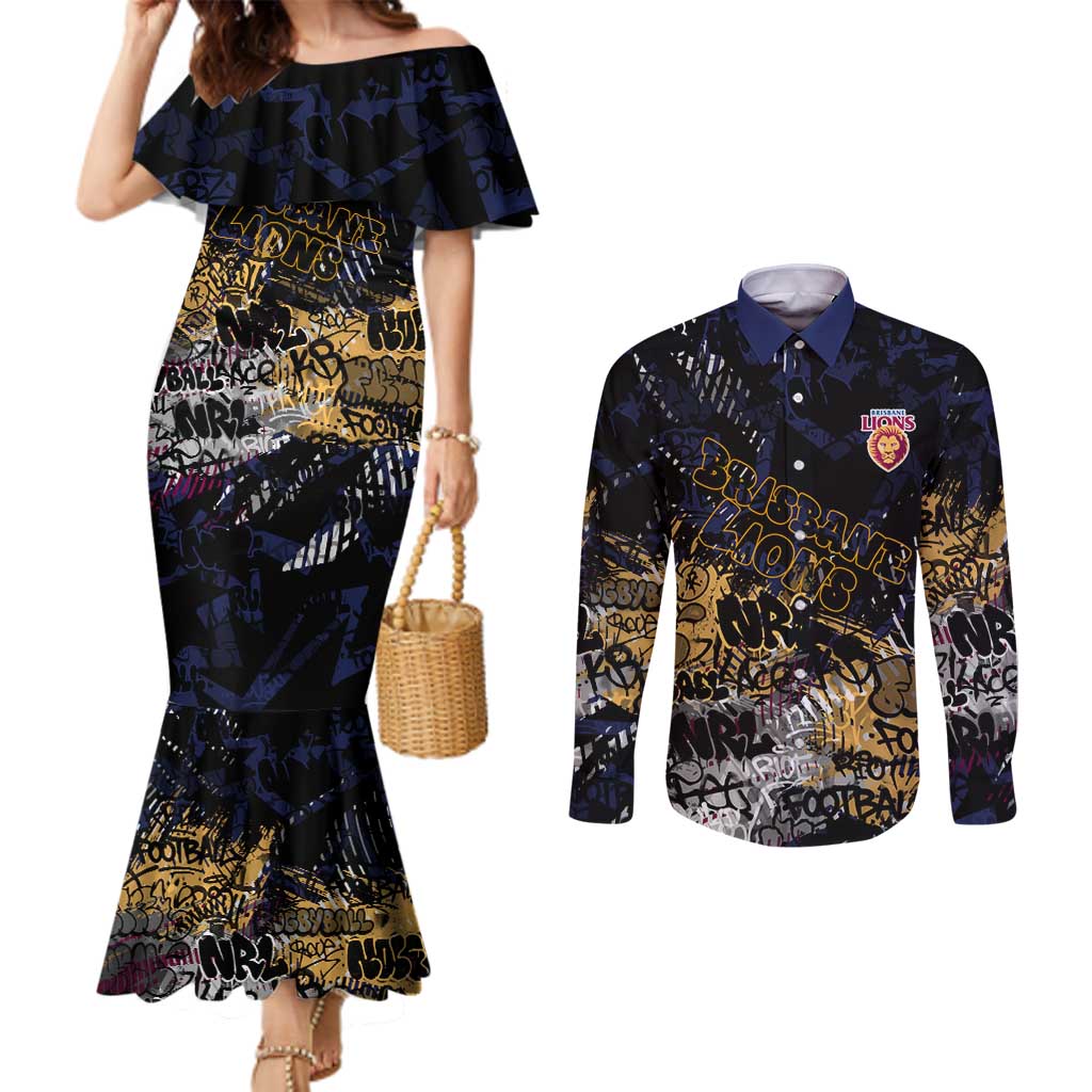 Brisbane Lions Couples Matching Mermaid Dress and Long Sleeve Button Shirt Urban Graffiti Street Art - Bold Abstract Spray Paint