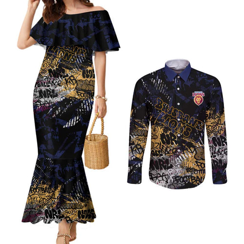 Brisbane Lions Couples Matching Mermaid Dress and Long Sleeve Button Shirt Urban Graffiti Street Art - Bold Abstract Spray Paint