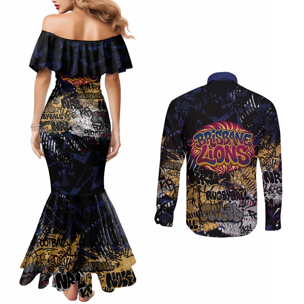 Brisbane Lions Couples Matching Mermaid Dress and Long Sleeve Button Shirt Urban Graffiti Street Art - Bold Abstract Spray Paint