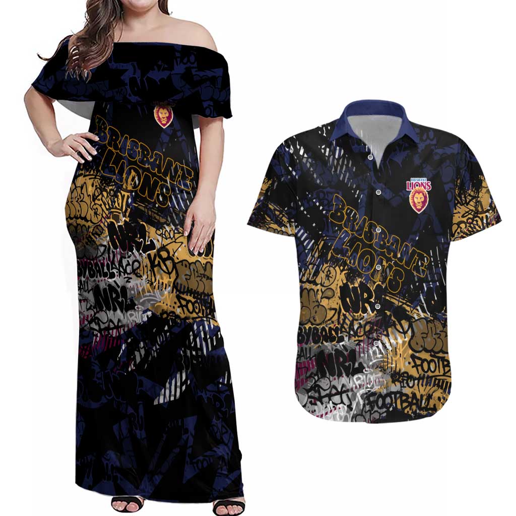 Brisbane Lions Couples Matching Off Shoulder Maxi Dress and Hawaiian Shirt Urban Graffiti Street Art - Bold Abstract Spray Paint